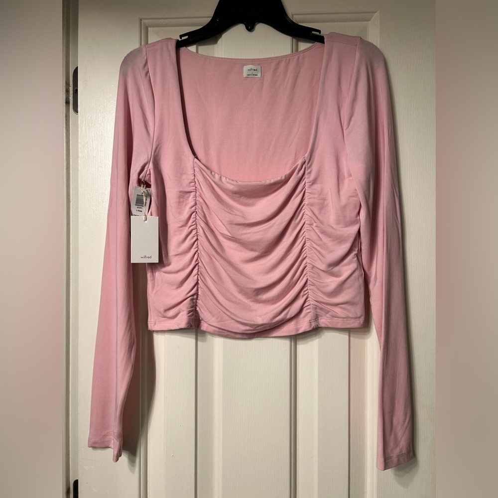 NWT Aritzia Wilfred Lydia Square Neck Ruched Top in Poetic Pink- Size Large - Picture 12 of 15